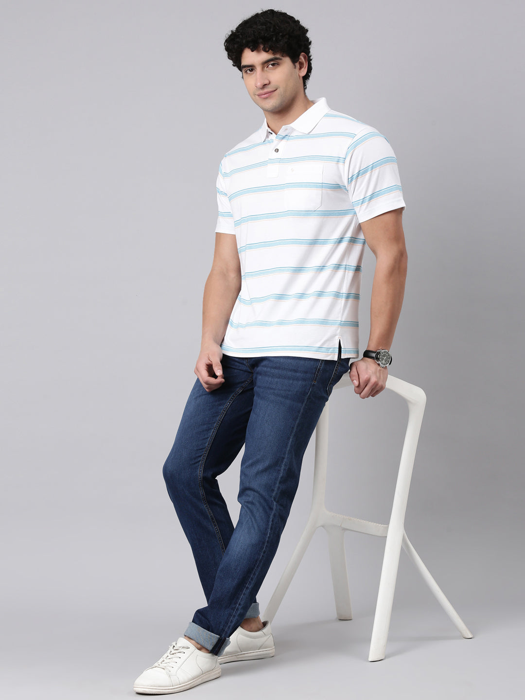 Classic Polo Men's Half Sleeve White/Blue Polo Neck Authentic Fit Striped Cotton Blend T-Shirt | AVON - 647 A AF P