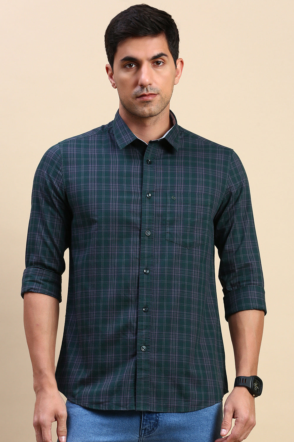 Classic Polo Men's Full Sleeve Dark Green Polo Neck Slim Fit Checked Shirt | SP2-CL-78 A-FS-CHK-SF