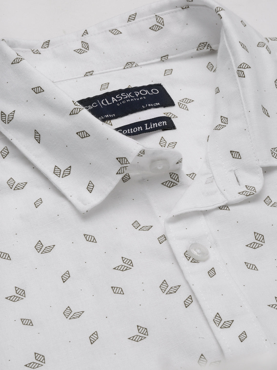 Classic Polo Men's Polo Neck Cotton Linen White/Grey Slim Fit Printed Shirt | LINEN-32B-FS-PRT-SF