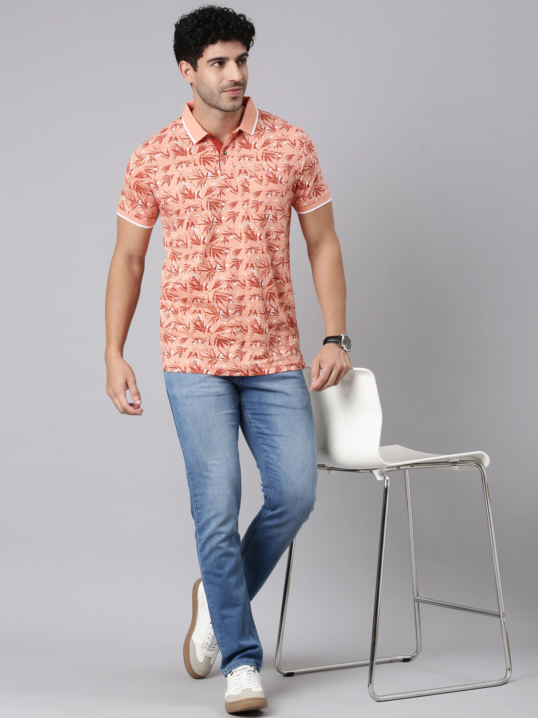 Classic Polo Men's Half Sleeve Dark Peach Polo Neck Slim Fit All-Over Print Cotton T-Shirt | BELLO - 410 B SF P