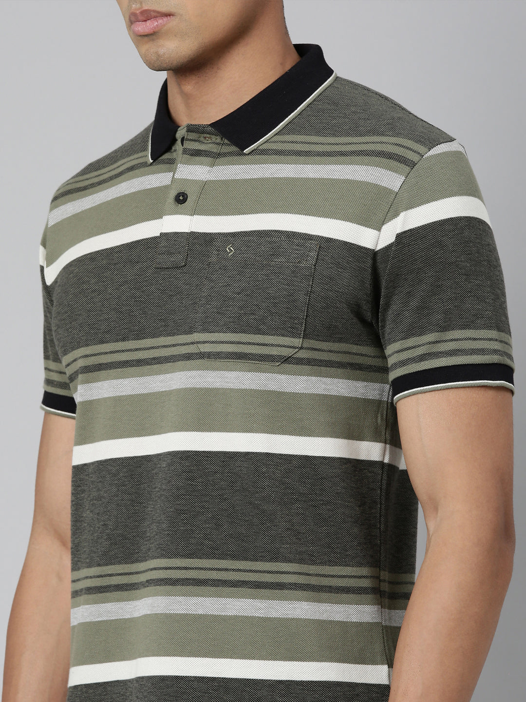 Classic Polo Men's Polo Neck Cotton Olive Green/Black Slim Fit Striped T-Shirt | ADORE-222 B SF P