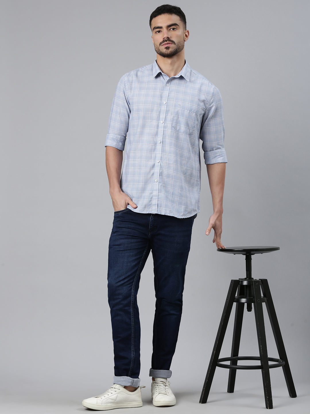 Classic Polo Men's Light Blue/White Polo Neck Checked Cotton Slim Fit Woven Shirt | SQ2-EL-61 B-FS-CHK-SF