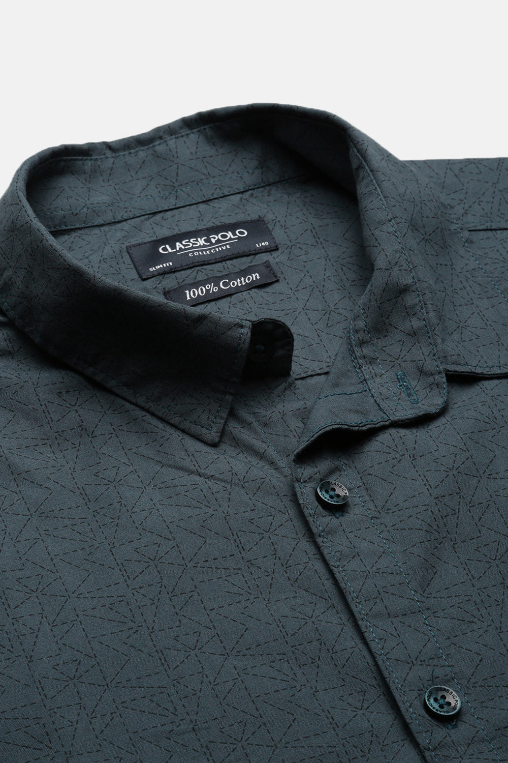 Classic Polo Men's Full Sleeve Dark Teal Polo Neck Slim Fit All Over Print Shirt | SP2-CL-74 A-FS-PRT-SF