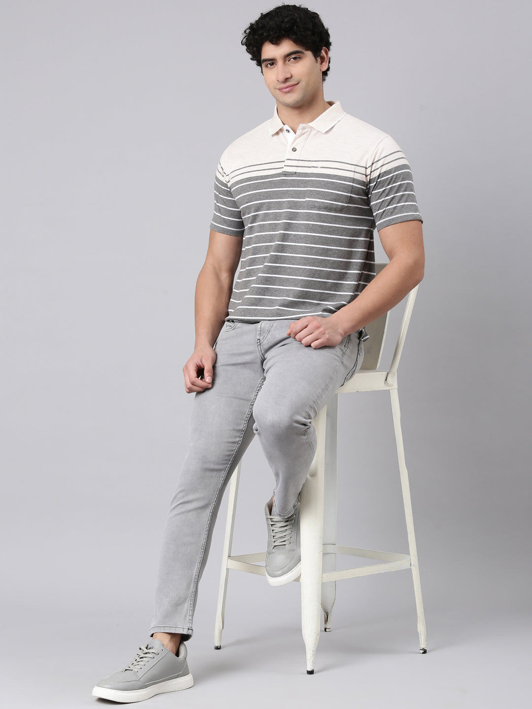 Classic Polo Men's Half Sleeve Grey/White Polo Neck Authentic Fit Striped Cotton Blend T-Shirt | MEL - 287 A AF P