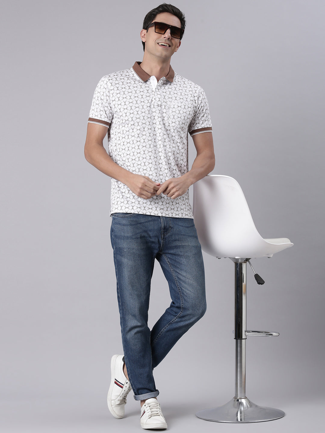Classic Polo Men's Half Sleeve White/Brown Polo Neck Slim Fit All Over Print Cotton T-Shirt | BELLO - 351 A SF P
