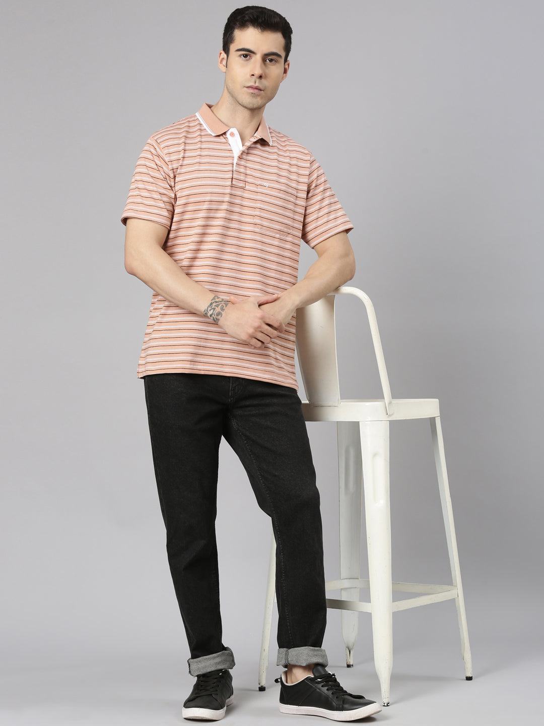 Classic Polo Men's Half Sleeve Orange/White Polo Neck Authentic Fit Striped Cotton T-Shirt | FEEDERS - 292 B AF P