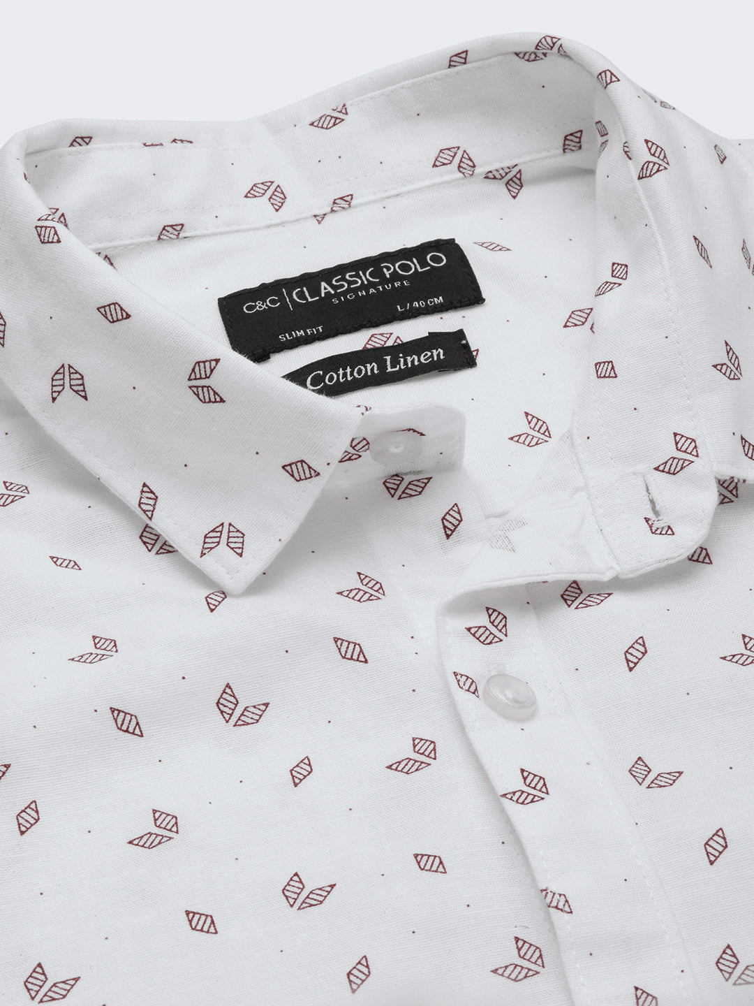 Classic Polo Men's Polo Neck Cotton Linen White/Rust Slim Fit Printed Shirt | LINEN-32A-FS-PRT-SF
