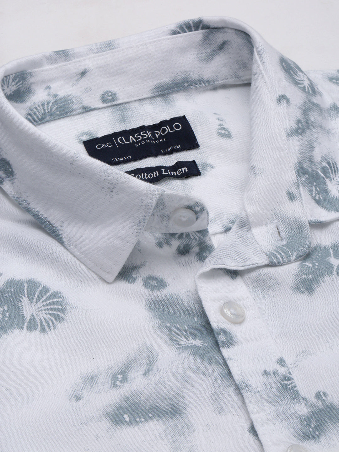 Classic Polo Men's Polo Neck Cotton Linen White/Blue Slim Fit Printed Shirt | LINEN-29A-HS-PRT-SF