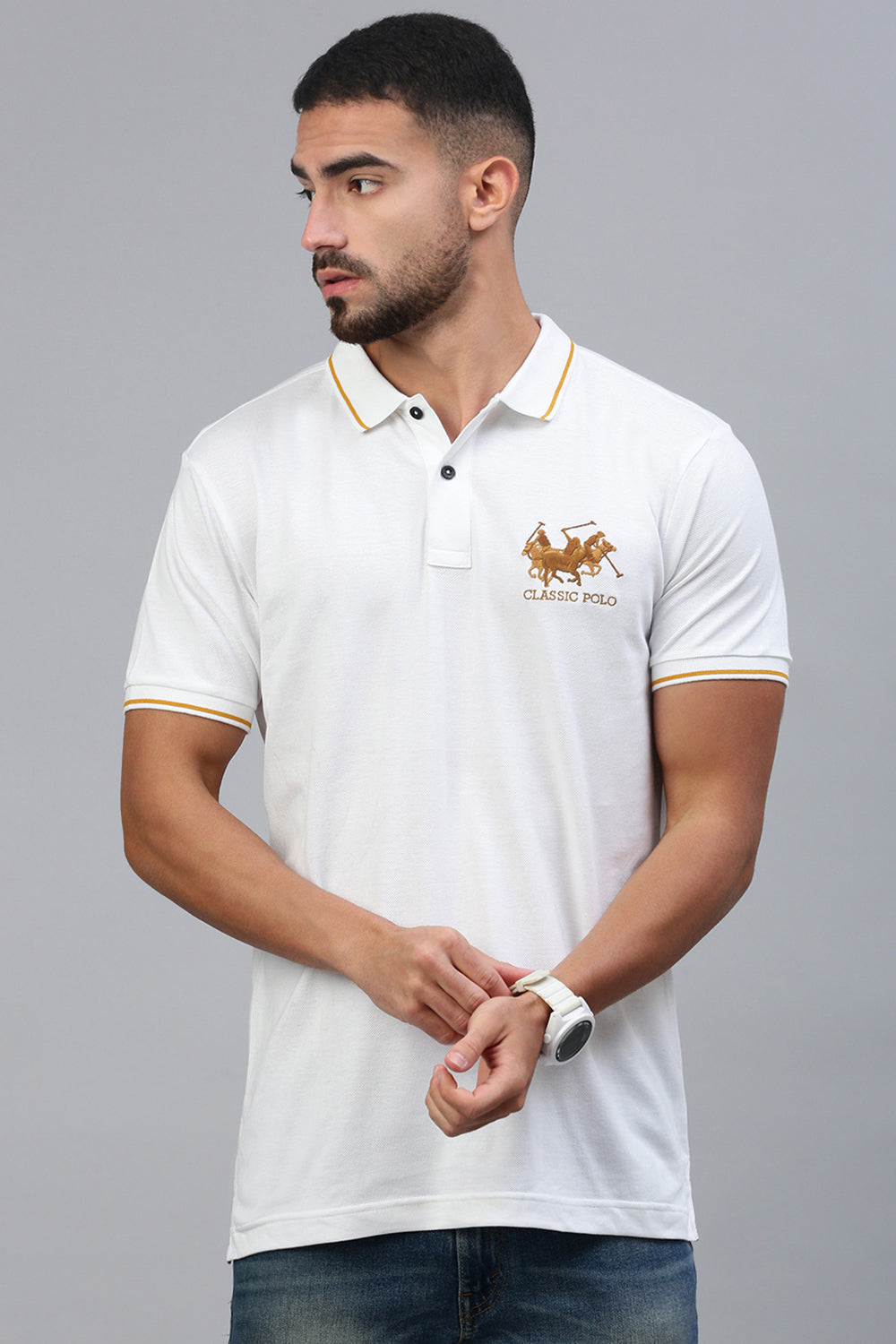 Classic Polo Men's Half Sleeve White Polo Neck Slim Fit Embroidery T-Shirt