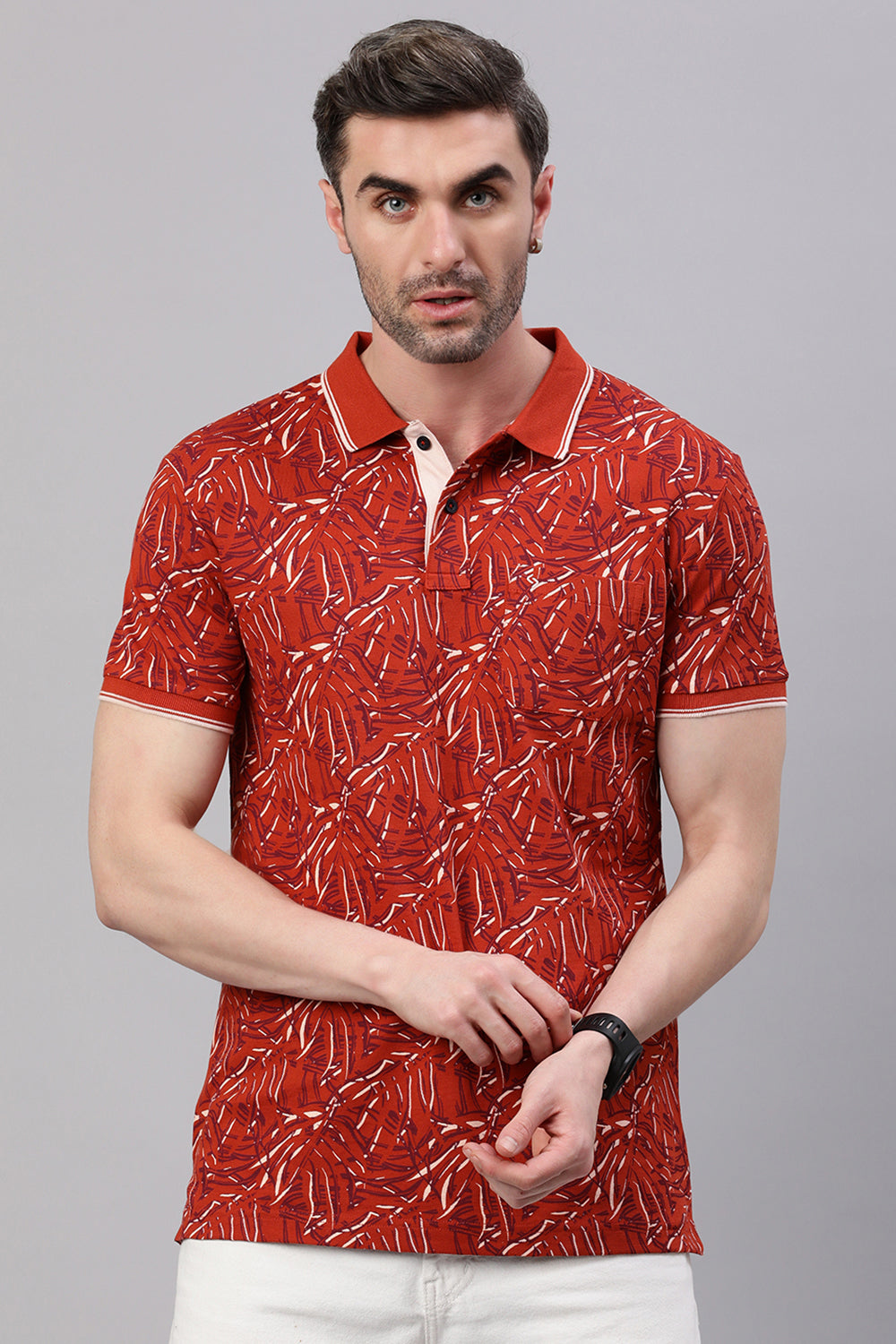 Classic Polo Men's Half Sleeve Rust Polo Neck Slim Fit All Over Print T-Shirt | BEAU - 278 A SF P