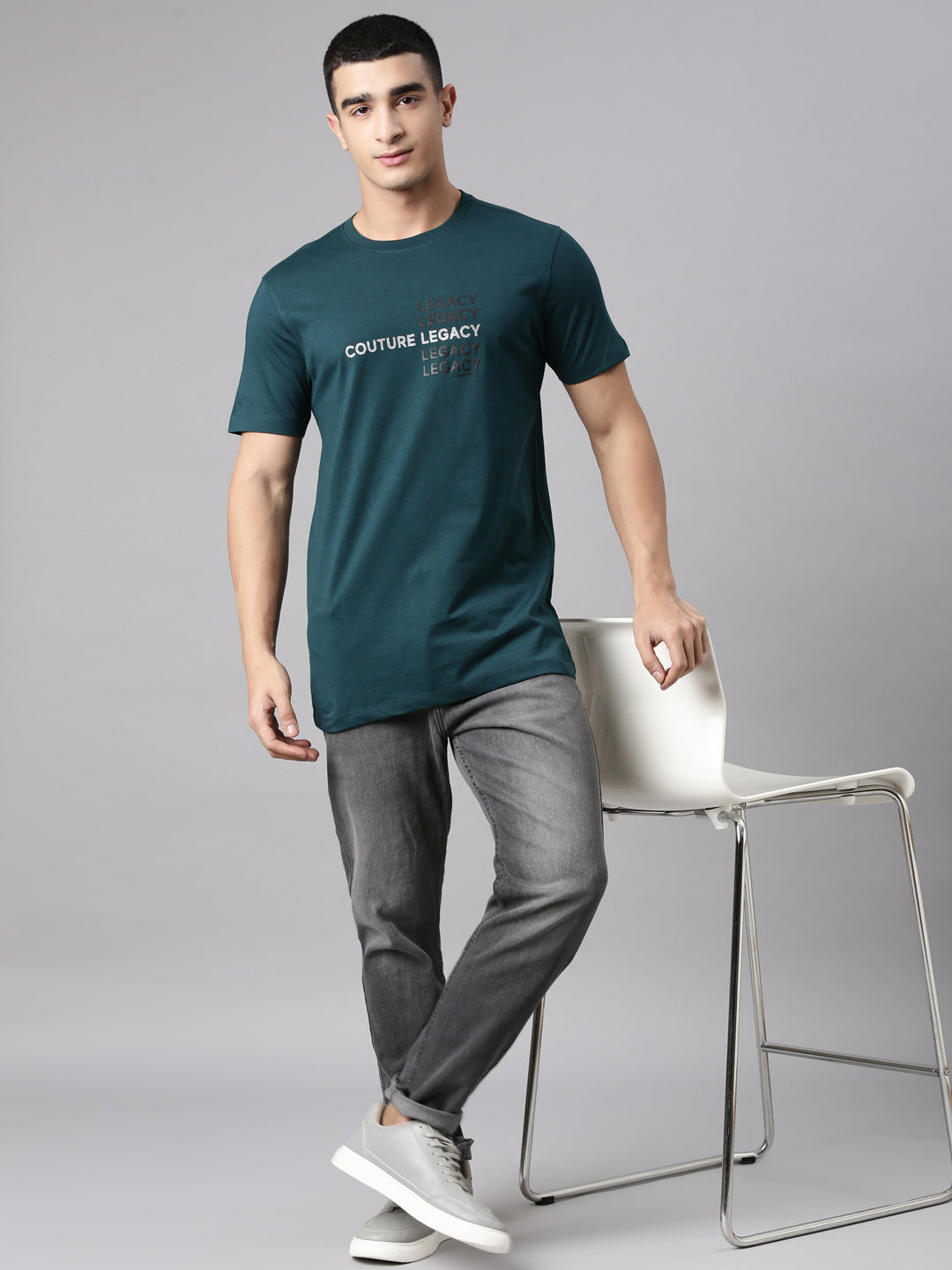 Classic Polo Men's Half Sleeve Teal Green Crew Neck Slim Fit Printed Cotton T-Shirt | BALENO - 635 B SF C