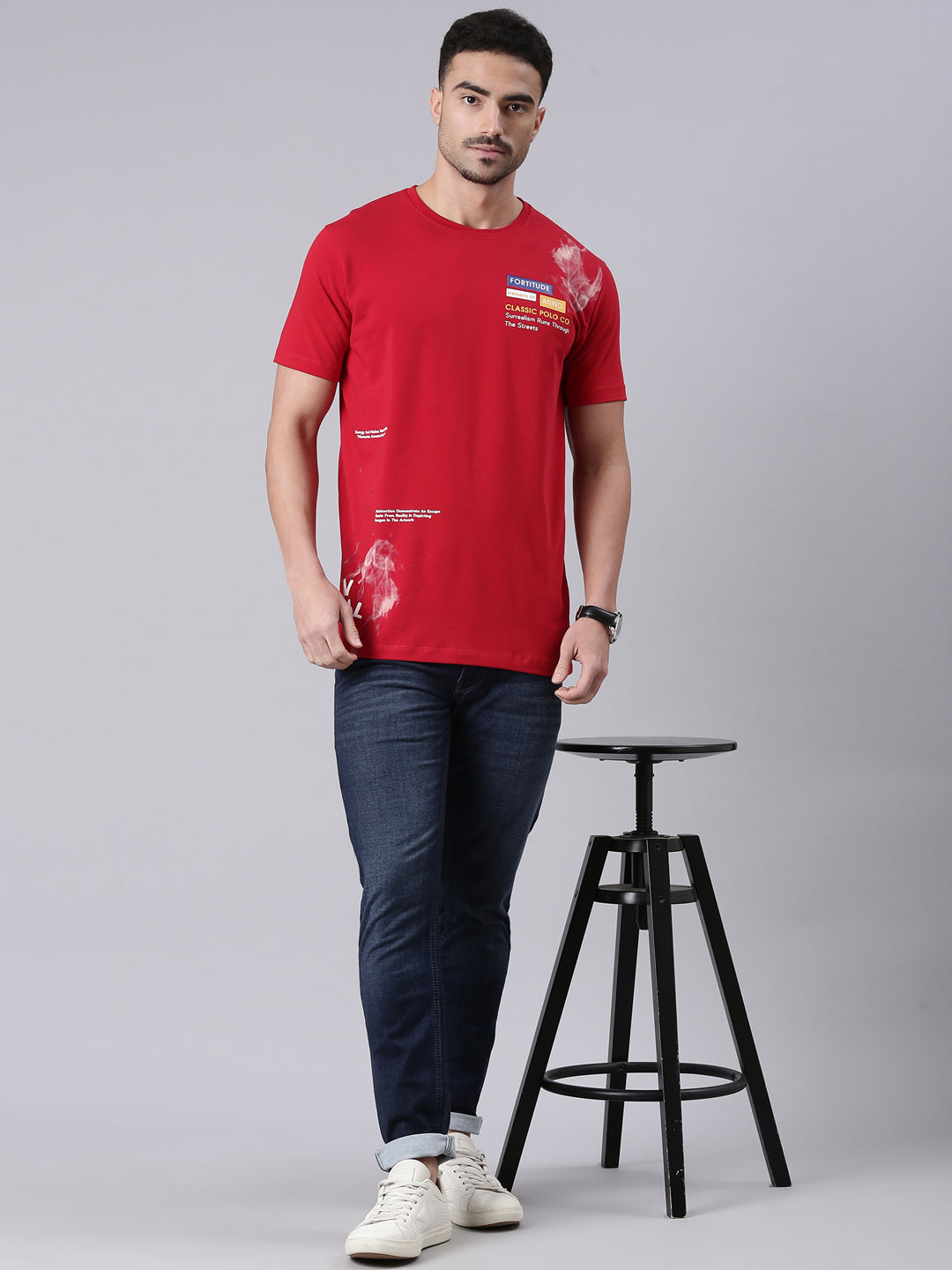 Classic Polo Men's Half Sleeve Red Round Neck Slim Fit Printed Cotton T-Shirt | BALENO - 621 A SF C