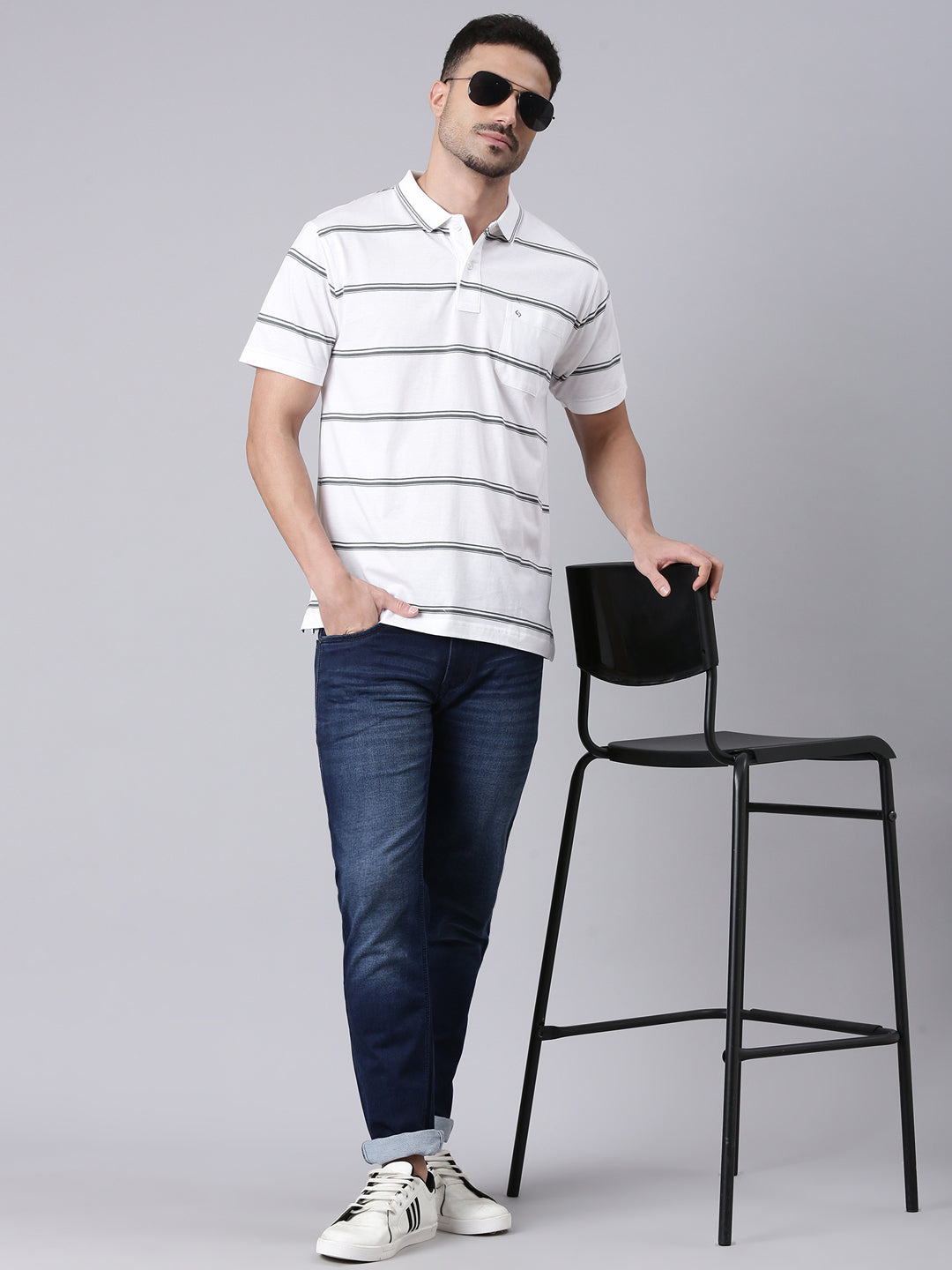 Classic Polo Men's Half Sleeve White/Grey Polo Neck Authentic Fit Striped Cotton T-Shirt | AP - 112 A AF P