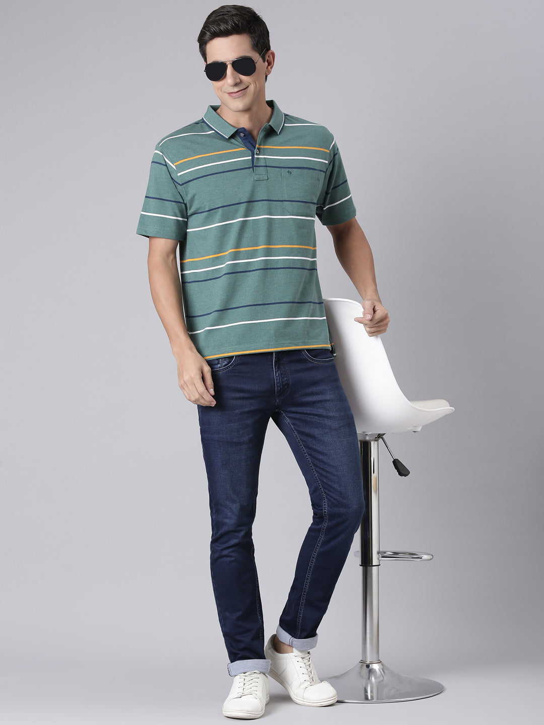 Classic Polo Men's Half Sleeve Green Polo Neck Authentic Fit Striped Cotton T-Shirt | LTS-STR - 85 A AF P