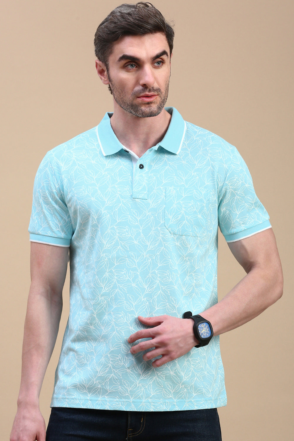 Classic Polo Men's Half Sleeve Green Polo Neck Slim Fit All Over Print T-Shirt | BEAU - 273 A SF P
