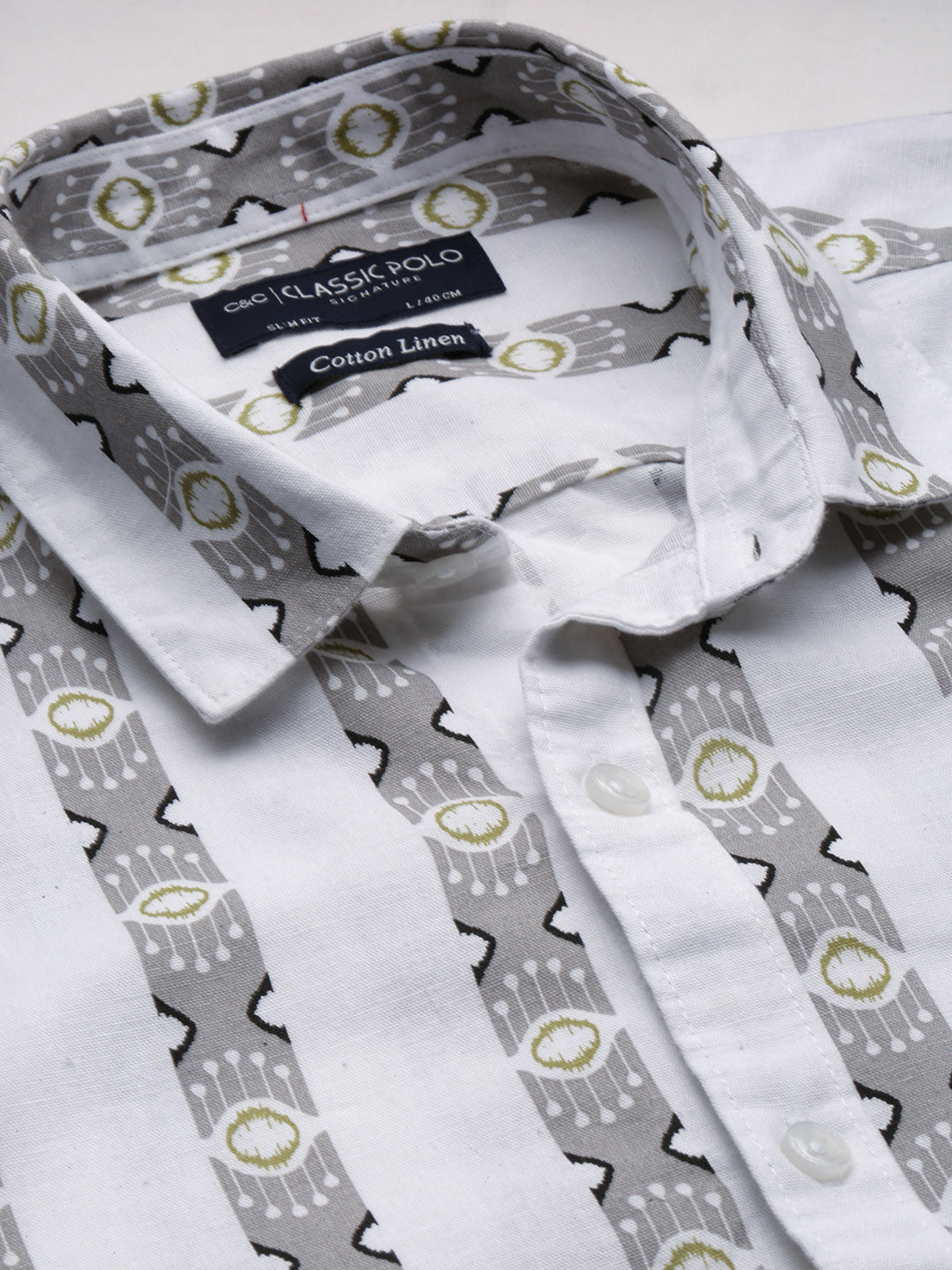 Classic Polo Men's Polo Neck Cotton Linen White/Grey Slim Fit Striped Shirt | LINEN-37B-FS-PRT-SF