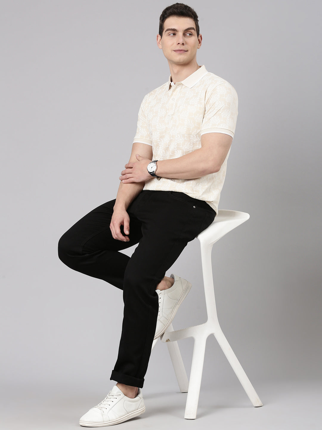 Classic Polo Men's Half Sleeve Beige/White Polo Neck Slim Fit All Over Print Cotton T-Shirt | LTS-AOP - 102 A SF P