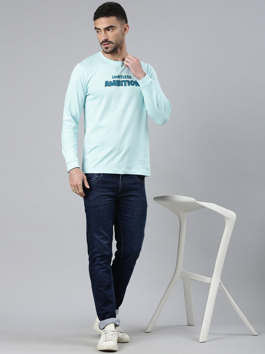 Classic Polo Men's Full Sleeve Light Blue Crew Neck Slim Fit Printed Cotton T-Shirt | LTS-FSH - 109 B SF C - FS