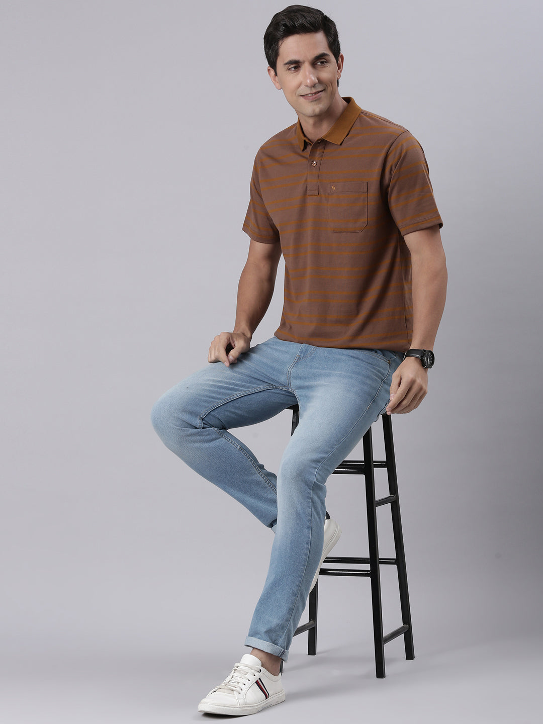 Classic Polo Men's Half Sleeve Brown Polo Neck Authentic Fit Striped Cotton Blend T-Shirt | AVON - 625 A AF P