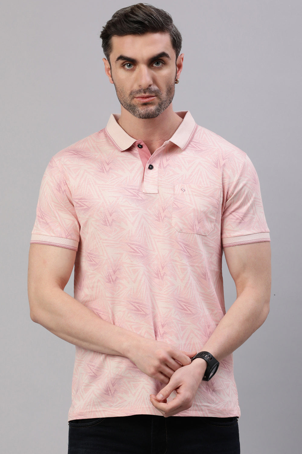 Classic Polo Men's Half Sleeve Peach Polo Neck Slim Fit All Over Print T-Shirt | BELLO - 319 A SF P