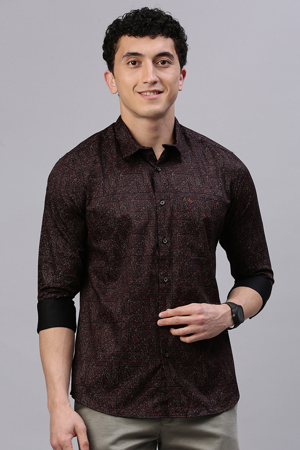 Classic Polo Men's Full Sleeve Brown Polo Neck Slim Fit All-Over Print Shirt
