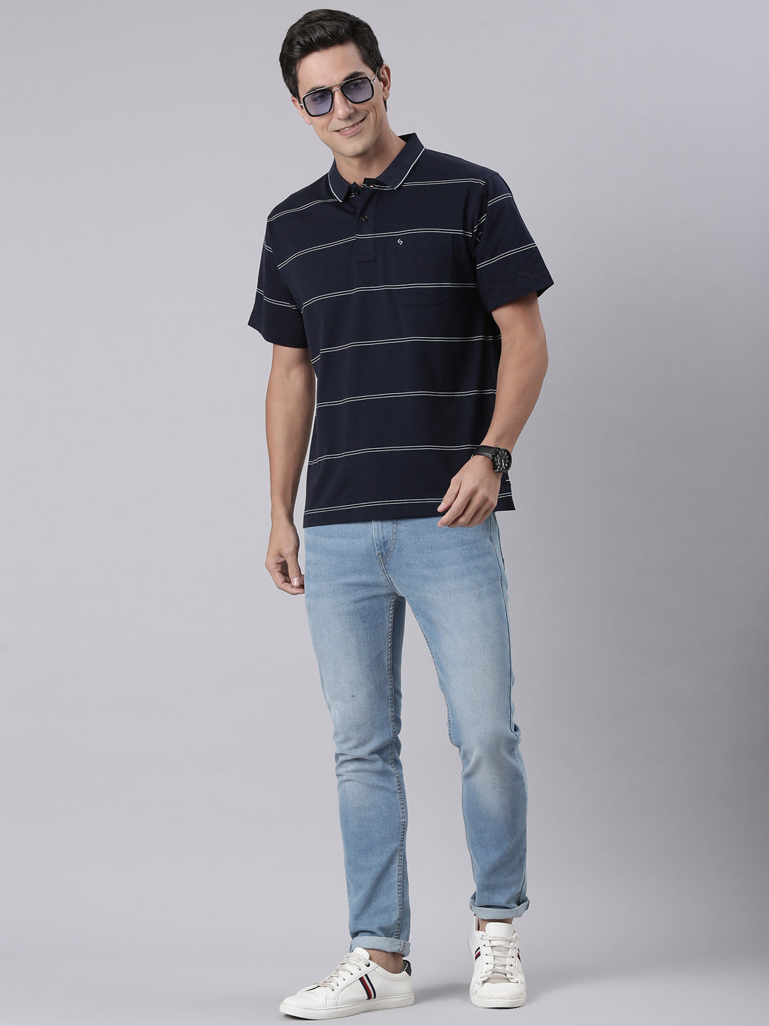 Classic Polo Men's Half Sleeve Black/White Polo Neck Authentic Fit Striped Cotton T-Shirt | AP - 146 B AF P