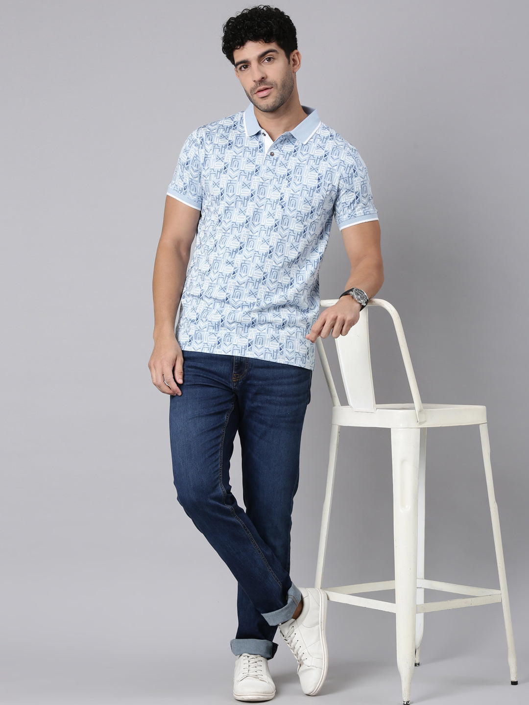 Classic Polo Men's Half Sleeve Blue/White Polo Neck Slim Fit All-Over Print Cotton T-Shirt | BELLO - 418 B SF P