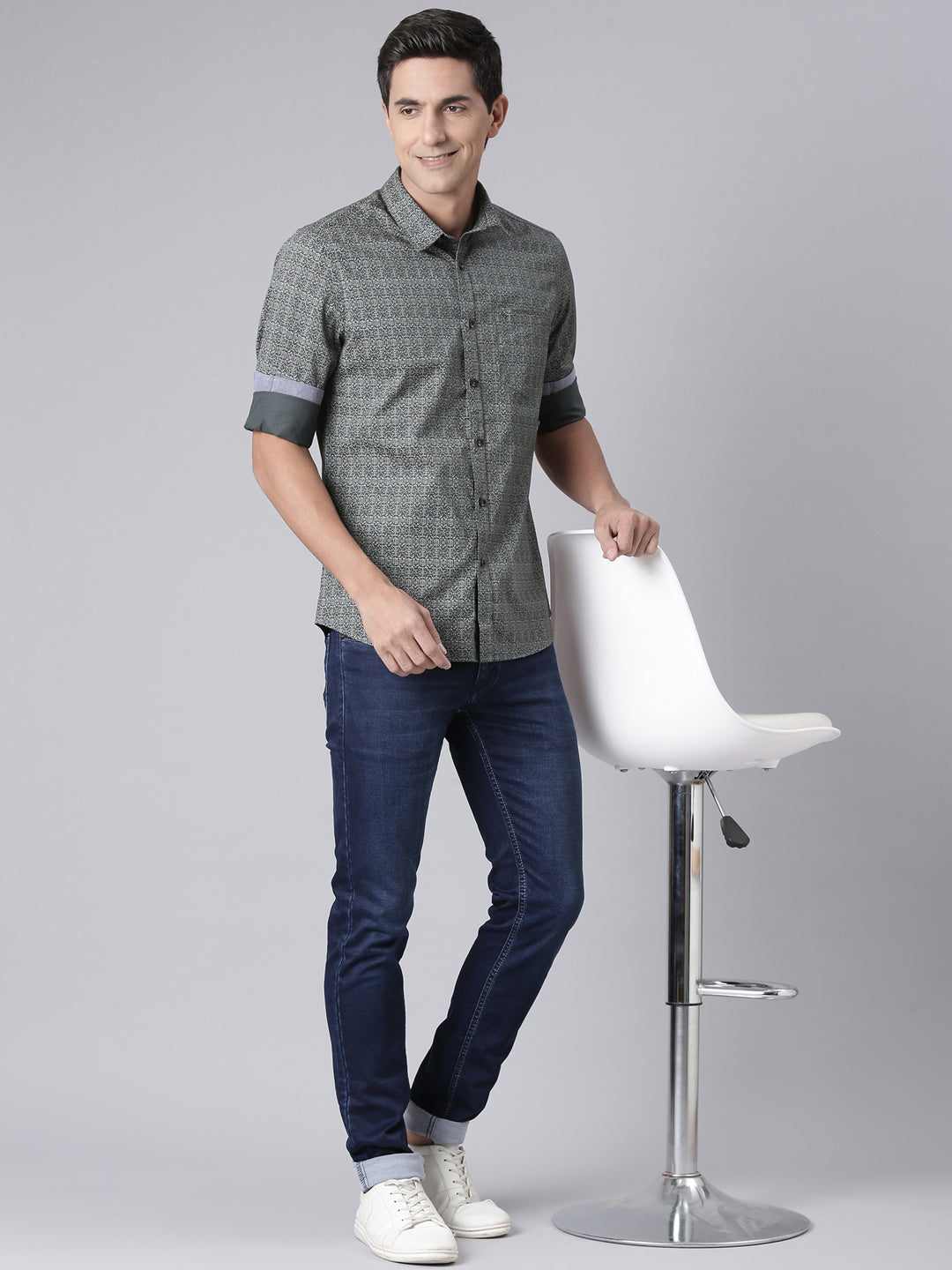 Classic Polo Men's Dark Grey/White Polo Neck Printed Cotton Slim Fit Woven Shirt | LSHQ2-86 B-FS-PRT-SF