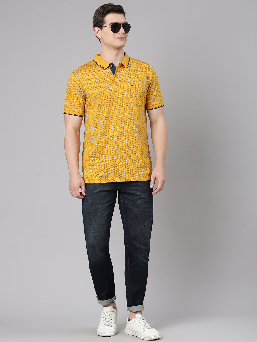 Classic Polo Men's Half Sleeve Mustard Polo Neck Slim Fit All Over Print Cotton T-Shirt | BELLO - 346 A SF P