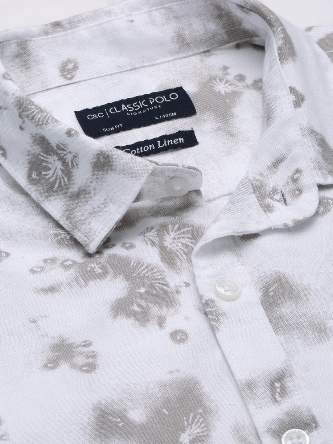 Classic Polo Men's Polo Neck Cotton Linen White/Grey Slim Fit Printed Shirt | LINEN-28B-HS-PRT-SF