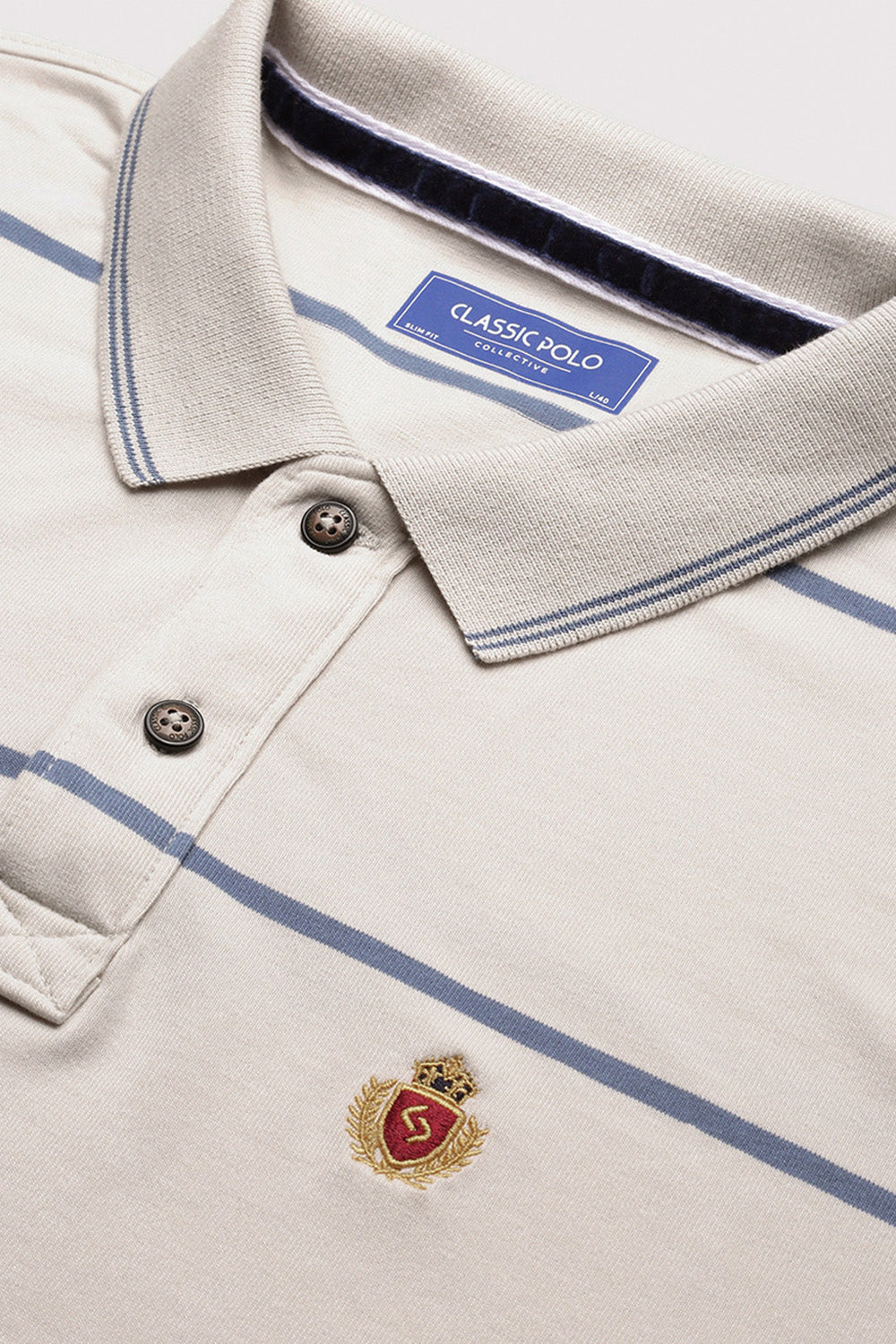 Classic Polo Men's Half Sleeve Beige/Blue Polo Neck Slim Fit Striped T-Shirt | CPEG - 334 A SF P