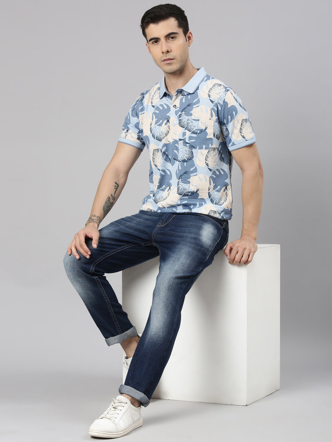 Classic Polo Men's Half Sleeve Multicolor Polo Neck Slim Fit All-Over Print Cotton T-Shirt | BELLO - 373 A SF P