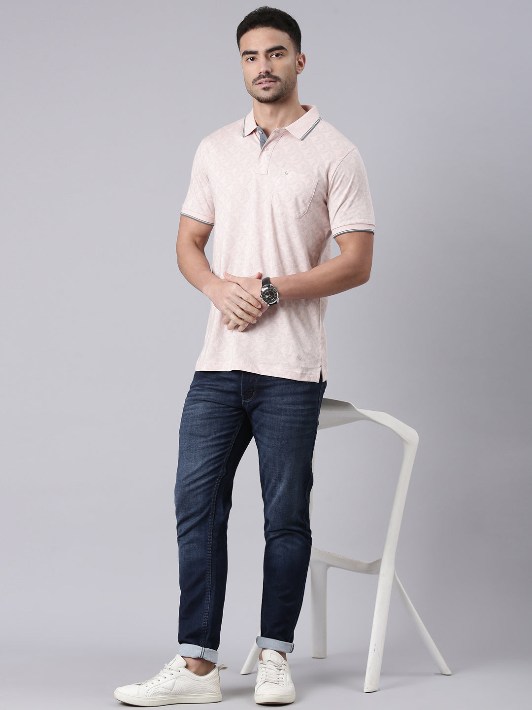 Classic Polo Men's Half Sleeve Lt.Peach Polo Neck Slim Fit All Over Print Cotton T-Shirt | LTS-AOP - 103 A SF P