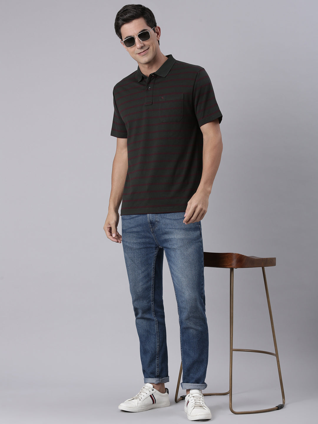 Classic Polo Men's Half Sleeve Dark Olive/Maroon Polo Neck Authentic Fit Striped Cotton Blend T-Shirt | AVON - 627 B AF P
