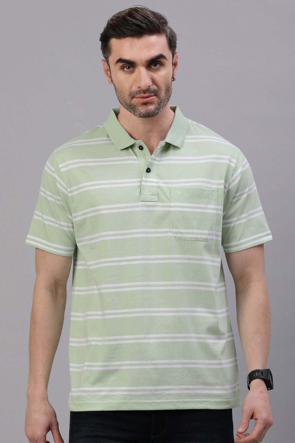 Classic Polo Men's Half Sleeve Green/White Polo Neck Authentic Fit Striped T-Shirt