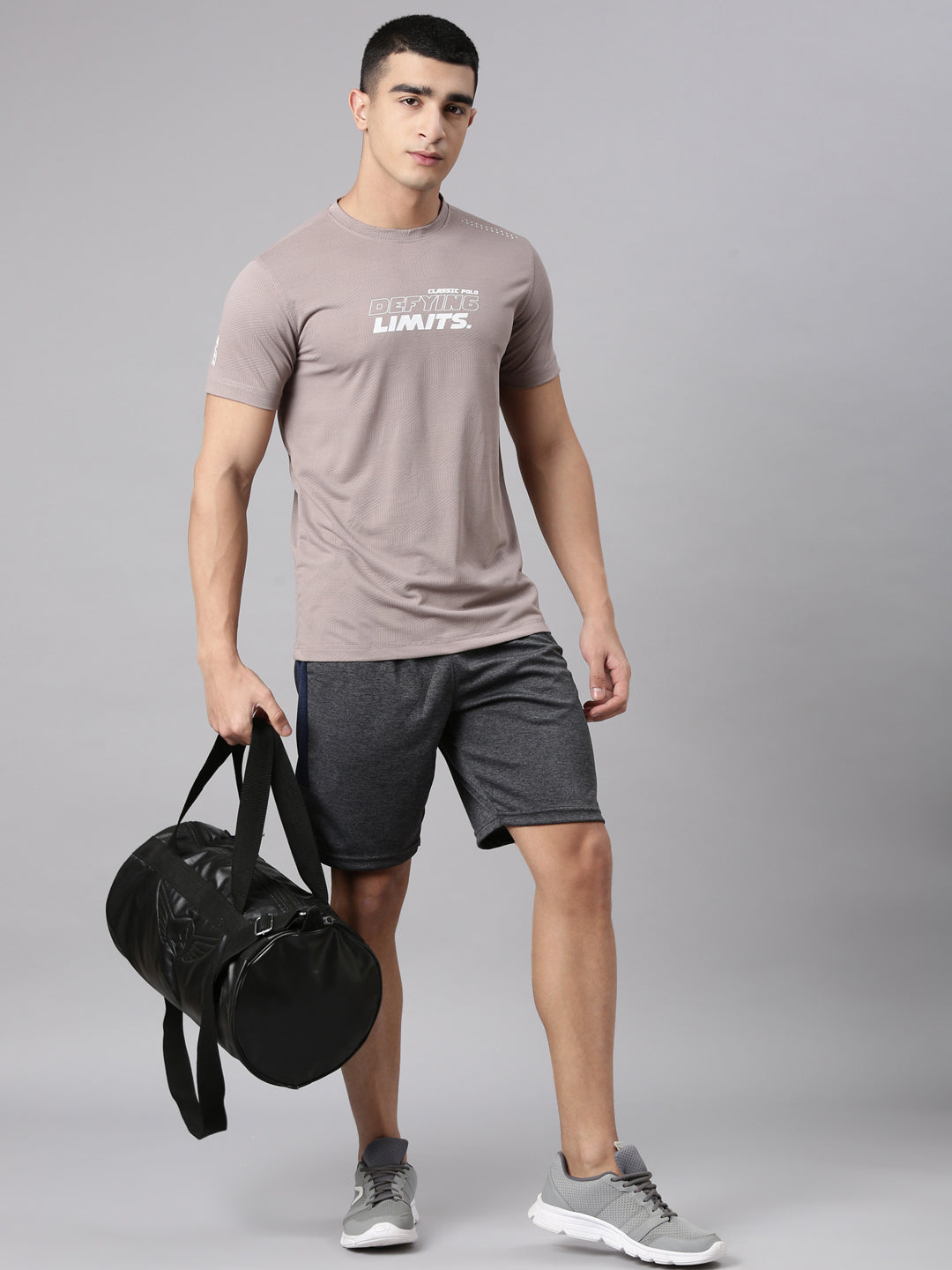 Classic Polo Men's Half Sleeve Stone Grey Crew Neck Slim Fit Printed Polyester Active Wear T-Shirt | CP-SPZ-05 A SF C