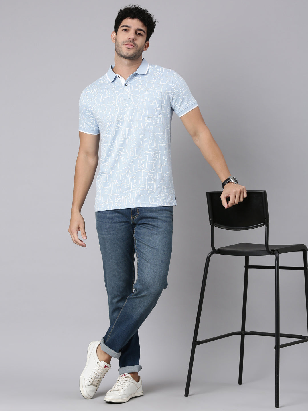 Classic Polo Men's Half Sleeve Blue Polo Neck Slim Fit All-Over Print Cotton T-Shirt | BELLO - 385 B SF P