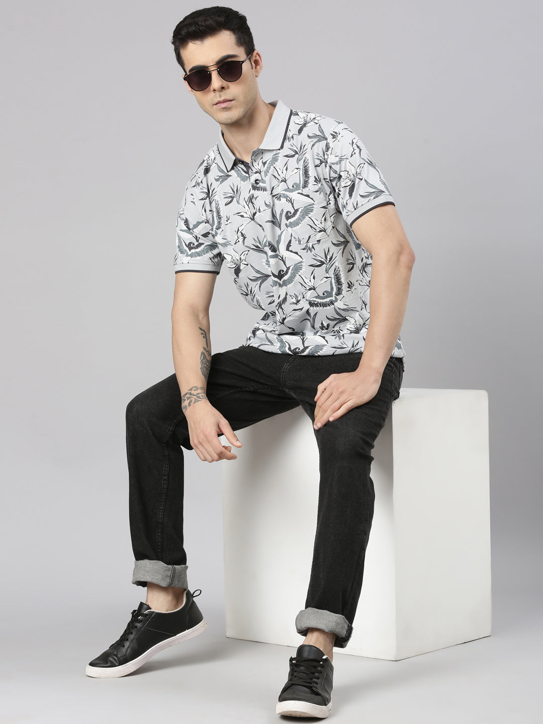Classic Polo Men's Half Sleeve Grey Polo Neck Slim Fit All-Over Print Cotton T-Shirt | BELLO - 360 A SF P