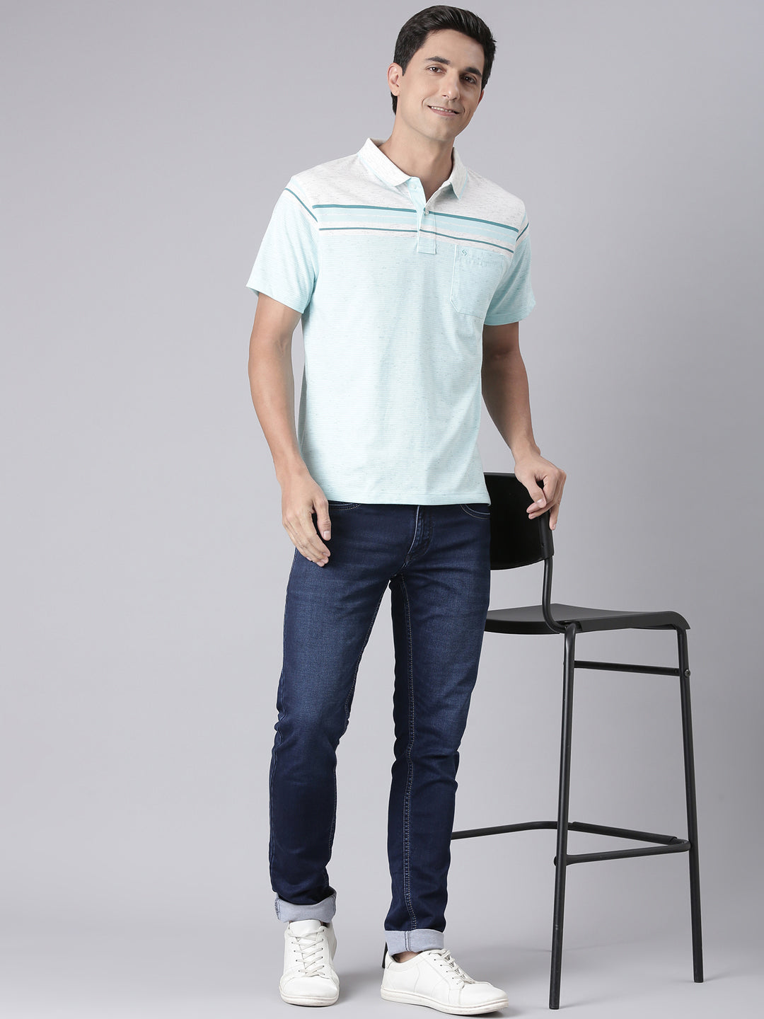 Classic Polo Men's Half Sleeve Light Green Polo Neck Authentic Fit Striped Cotton T-Shirt | LTS-STR - 86 A AF P