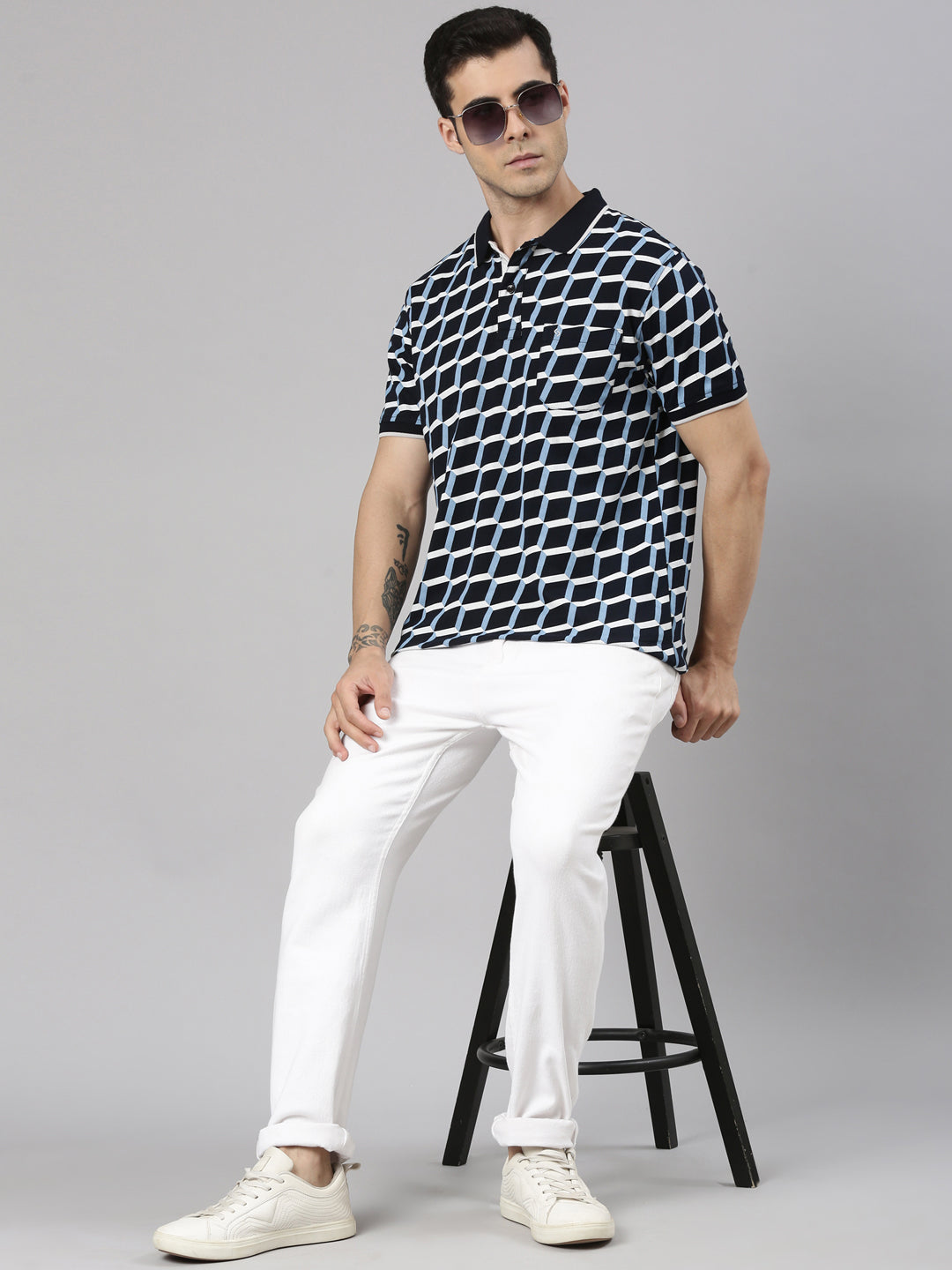 Classic Polo Men's Half Sleeve Navy Blue/White Polo Neck Slim Fit All-Over Print Cotton T-Shirt | BELLO - 372 B SF P