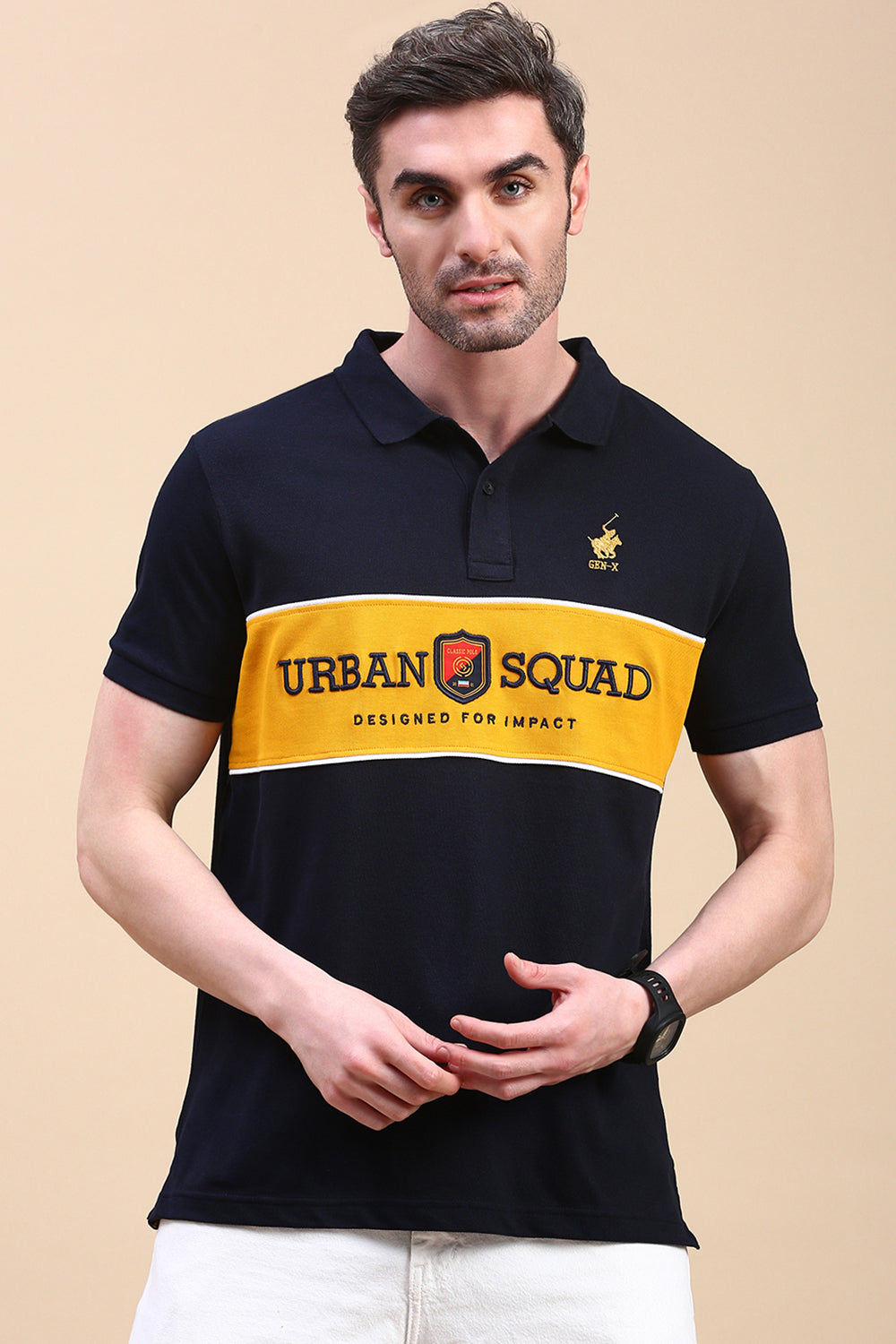 Classic Polo Men's Half Sleeve Navy/Mustard Polo Neck Slim Fit Embroidery T-Shirt