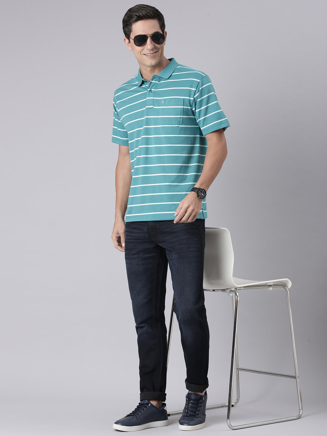 Classic Polo Men's Half Sleeve Green/White Polo Neck Authentic Fit Striped Cotton Blend T-Shirt | AVON - 630 B AF P