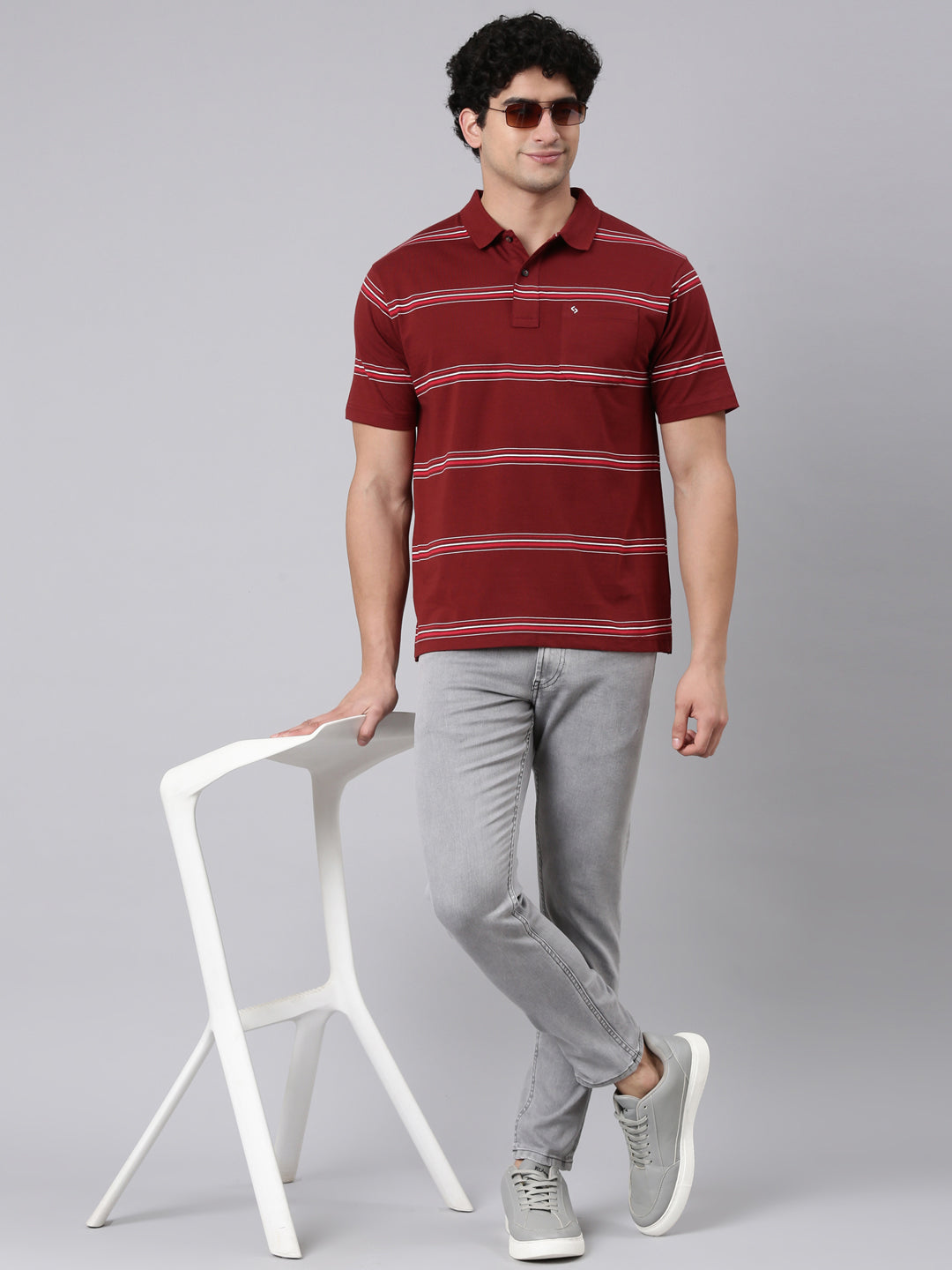 Classic Polo Men's Half Sleeve Maroon Polo Neck Authentic Fit Striped Cotton Blend T-Shirt | AVON - 664 A AF P