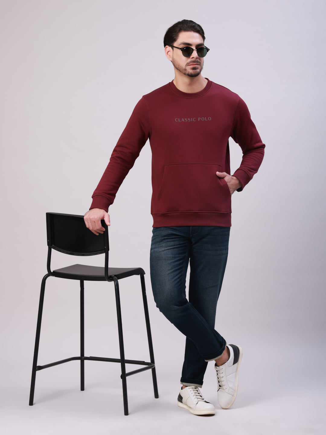 Classic Polo Men's Maroon Crew Neck Pull Over Solid Kangaroo Pocket Sweatshirt | CPSS - 513 A