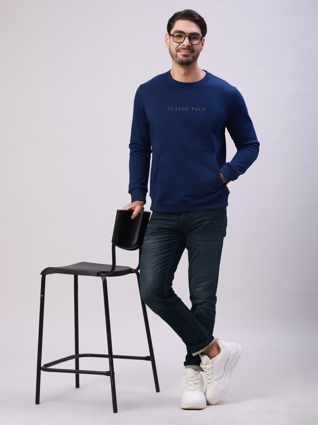 Classic Polo Men's Navy Blue Crew Neck Pull Over Solid Kangaroo Pocket Sweatshirt | CPSS - 514 A