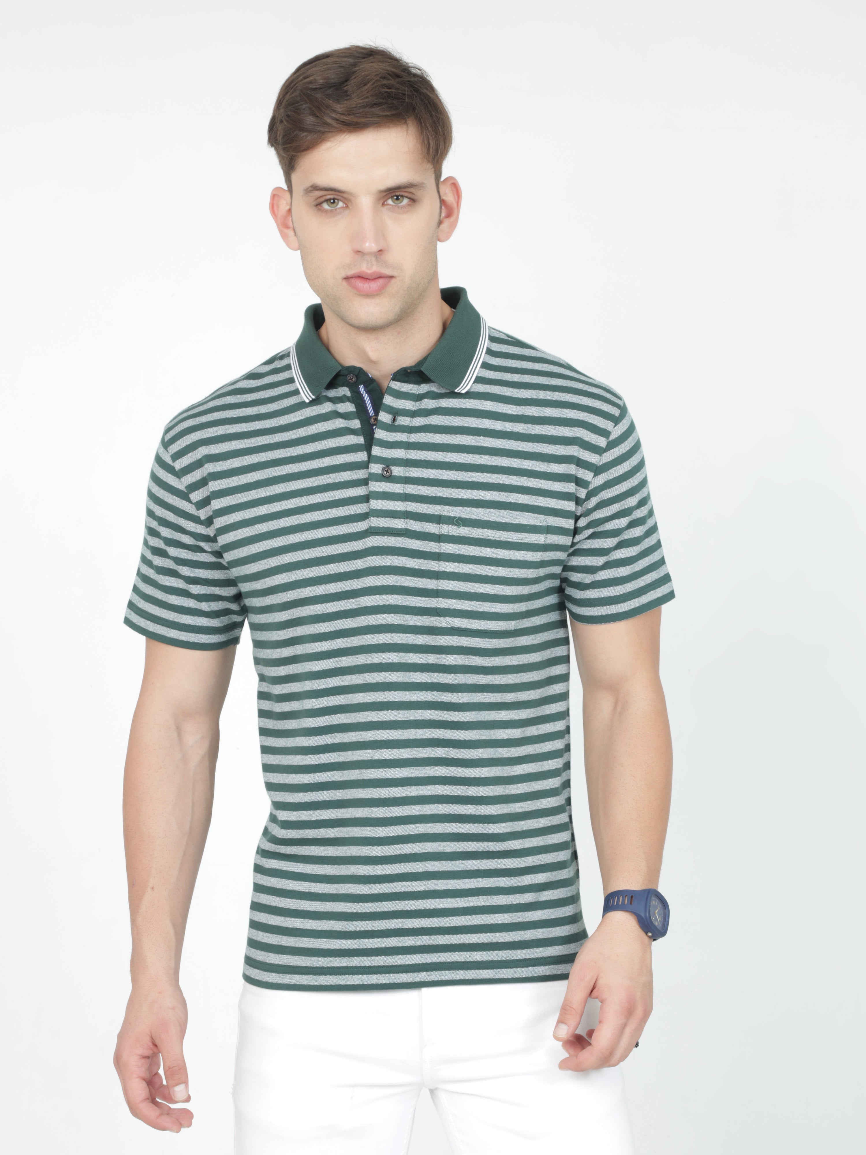 Classic Polo Mens Cotton Half Sleeves Striped Authentic Fit Polo Neck Green Color T-Shirt | Rare - 09 A Af P