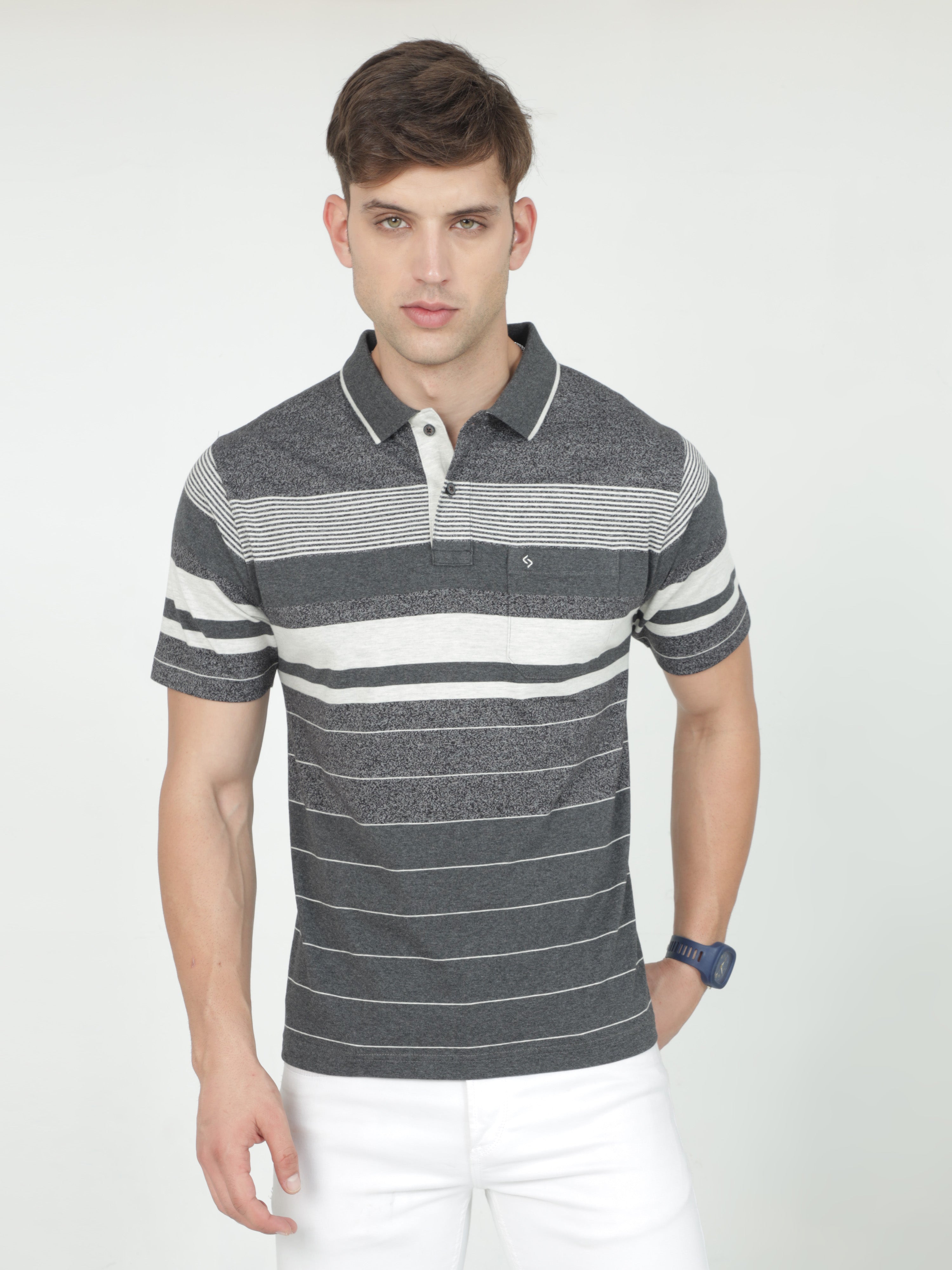 Classic Polo Mens Cotton Half Sleeves Striped Authentic Fit Polo Neck Grey Color T-Shirt | Mel - 245 B Af P