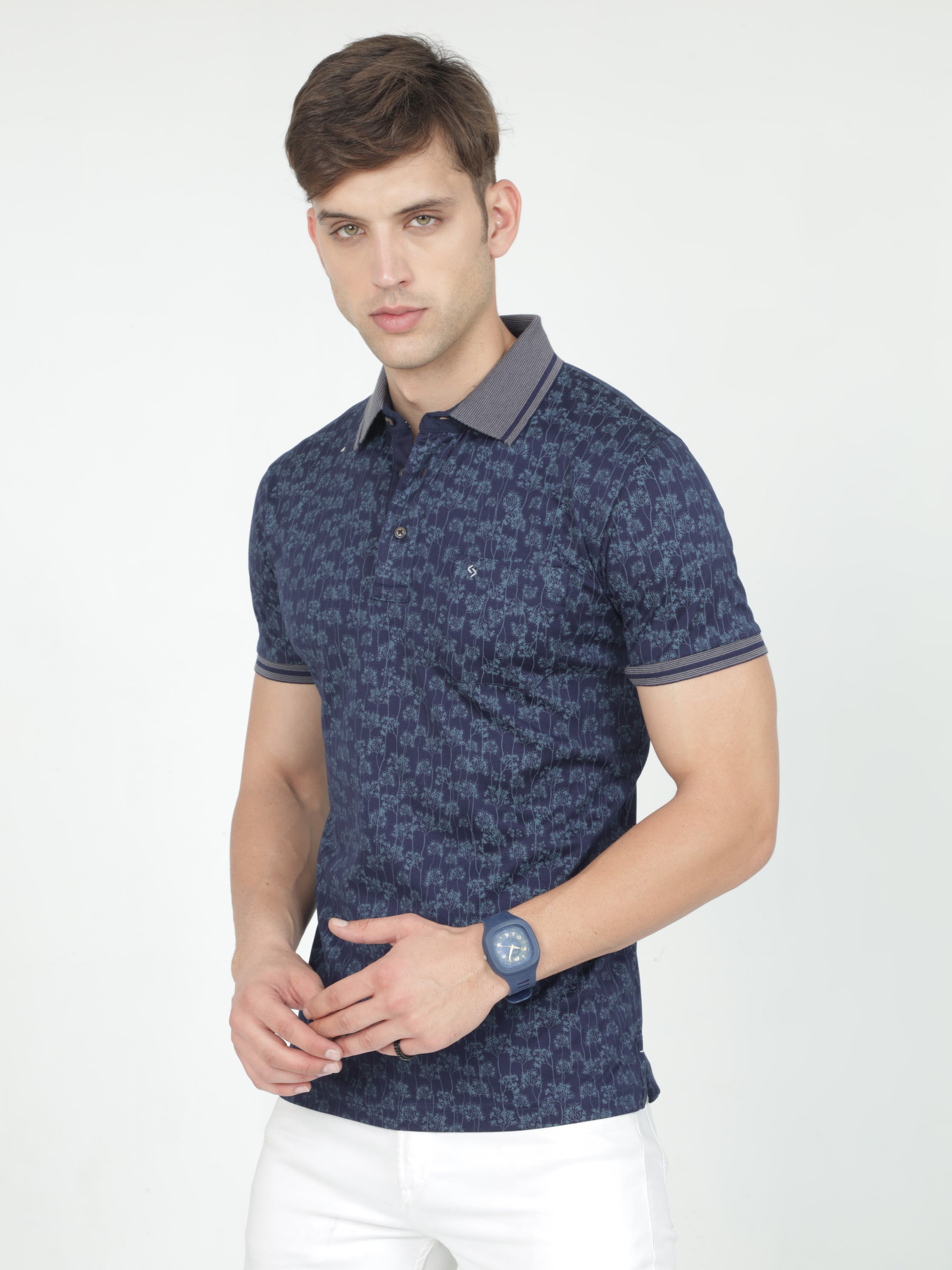 Classic Polo Mens Cotton Half Sleeves Floral Slim Fit Polo Neck Blue Color T-Shirt | Scant - 33 B Sf P