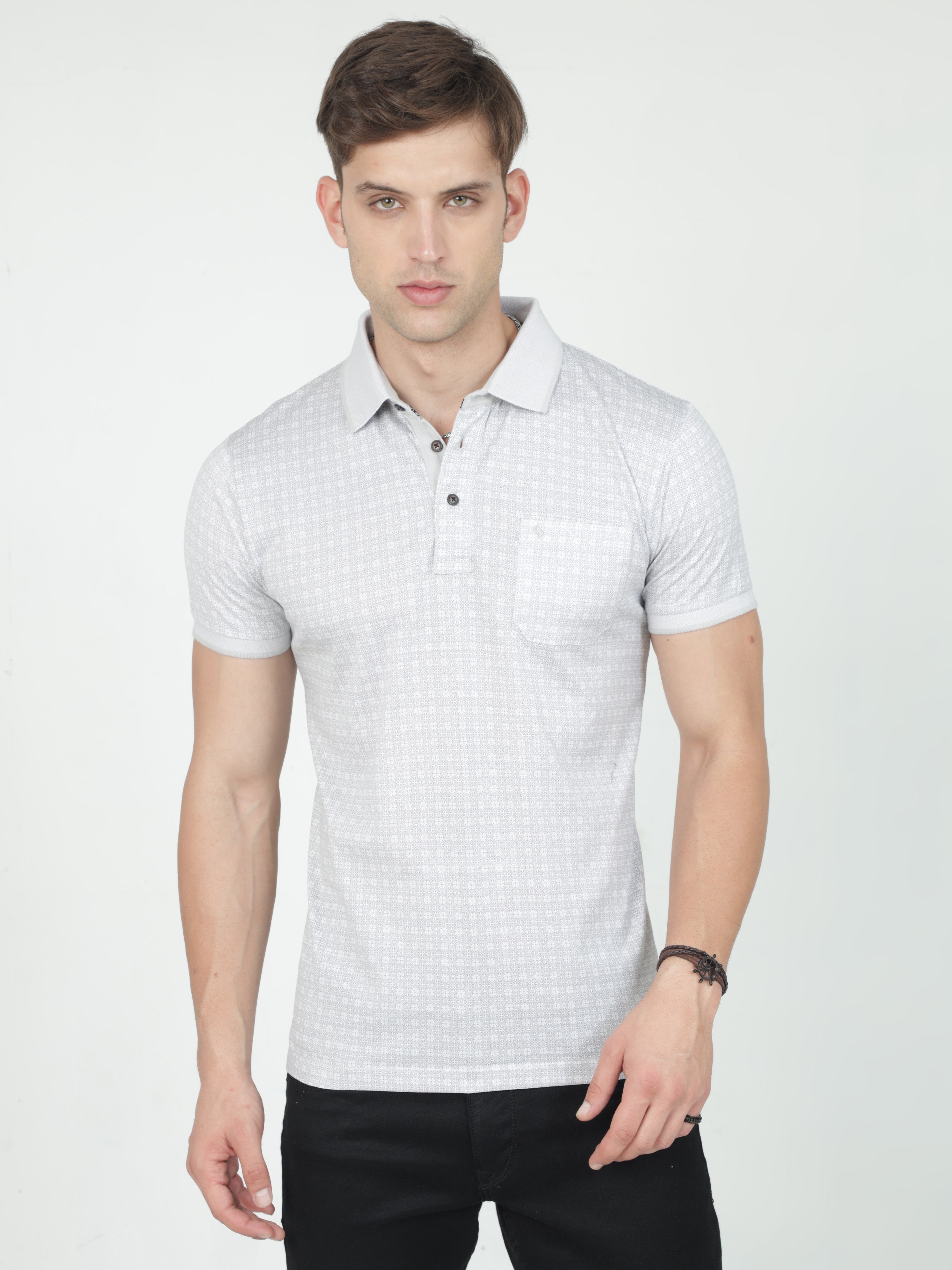 Classic Polo Mens Cotton Half Sleeves Floral Slim Fit Polo Neck Grey Color T-Shirt | Scant - 26 A Sf P