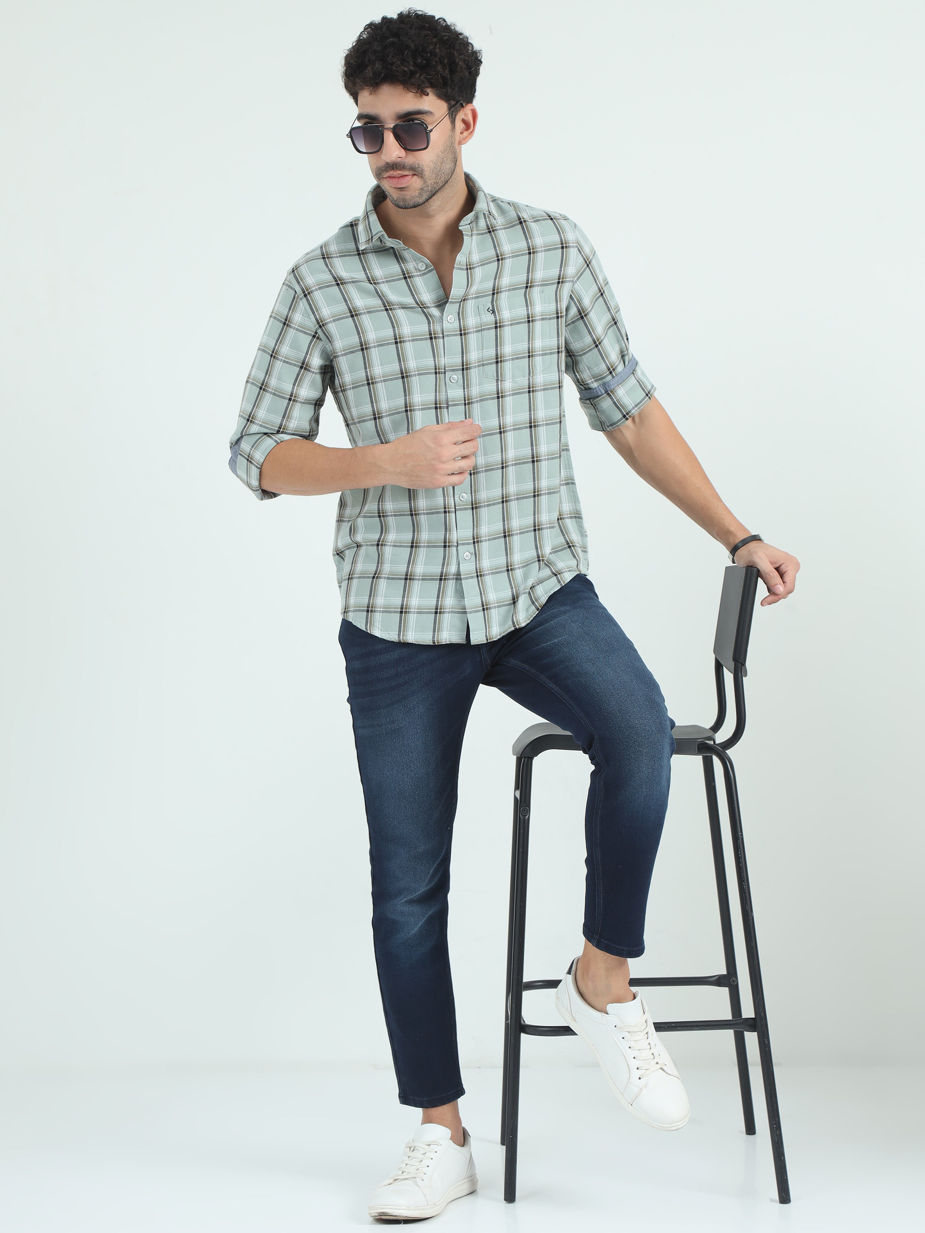 Classic Polo Men's Polo Neck Cotton Green Slim Fit Checked Shirt | SO2-17 A-FS-CHK-SF